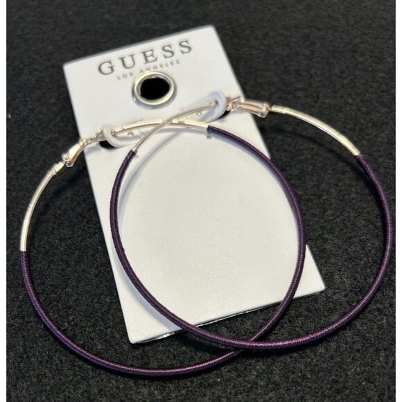 GUESS  3 Inch Rose Gold Tone Purple Eggplant Thread-Wrapped Hoop Earrings - Picture 1 of 5